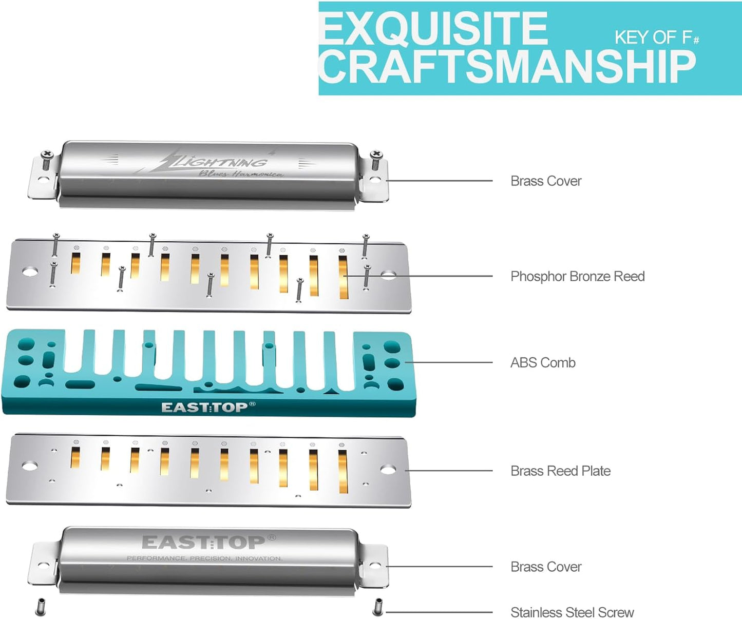 East top Harmonica, Advanced Diatonic Harmonica Key of F#, 10 Holes Blues Harp Mouth Organ Harmonica with Silver Cover, Blues Harmonicas For Adults, Professionals and Students