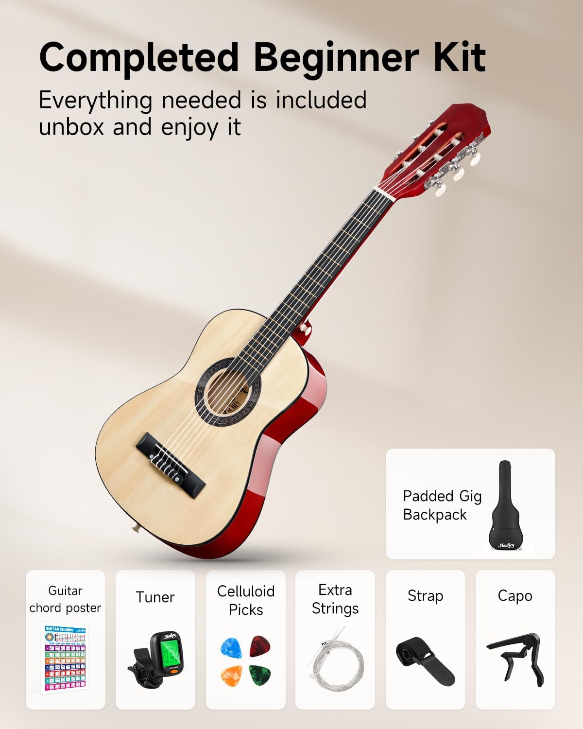 Moukey 30" Acoustic Guitar for Beginners Kids Youth 1/4 Size Dreadnought Guitarra Acustica Kit with Chord Poster, Gig Bag, Tuner, Picks, Nylon Strings, Capo, Strap - Natural