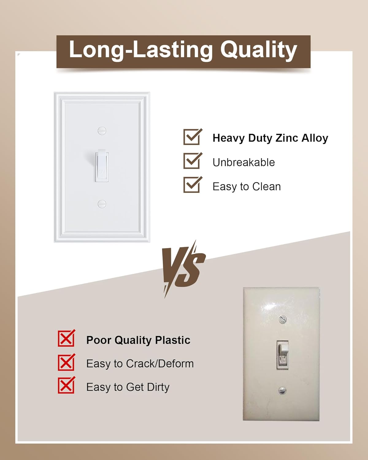 6-Pack Single Toggle Light Switch Cover Plate, Durable Solid Zinc Alloy Decorative Switch Plate Covers, White 1 Gang Wall Plate, Corrosion Resistant