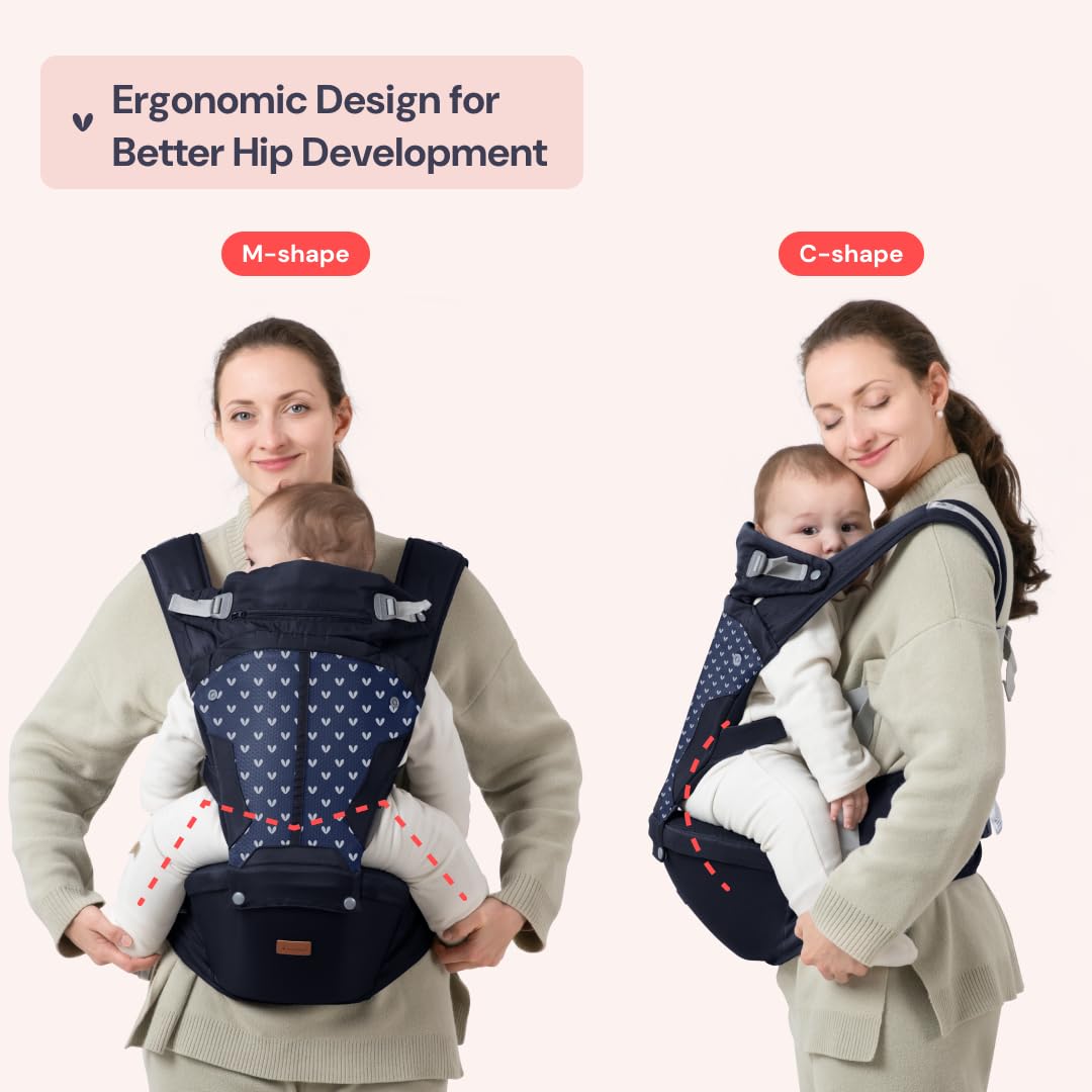 BabbleRoo Grow Carrier – Safety-Certified 6-in-1 Baby Carrier with Hip Seat, Ergonomic & Adjustable Toddler Carrier 7-50 lbs with Hip Support, Hood for Sun Protection, Newborn to Toddler, Navy Hearts