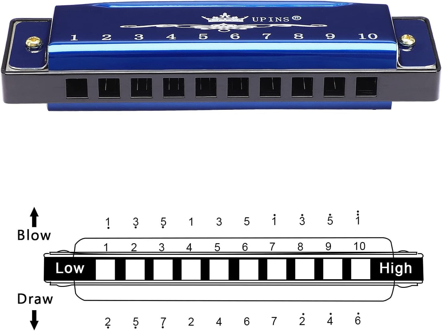 UPINS Harmonica, 4PCS Key of C Blues 10 Hole 20 Tones Titanium Color Harmonica with Case Cleaning Cloth for Beginner Students Kids (Blue)