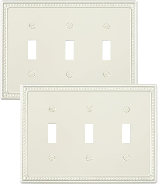 2-Pack Triple Toggle Light Switch Cover Plate, Pearls Decorative Switch Plate Covers, Light Almond 3 Gang Metal Wall Plate, Corrosion Resistant