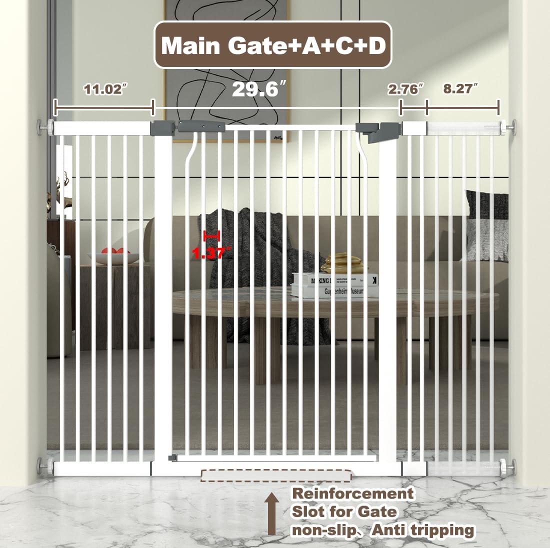 41" Extra Tall Cat Gate for Doorway, 49.2-54.7 Metal Pet Baby Safe Gate, Extra Wide Pressure Mounted Child Door with Expansion Kit, No Drilling No Climb Cat Fence Indoor, Tall Dog Gate, White