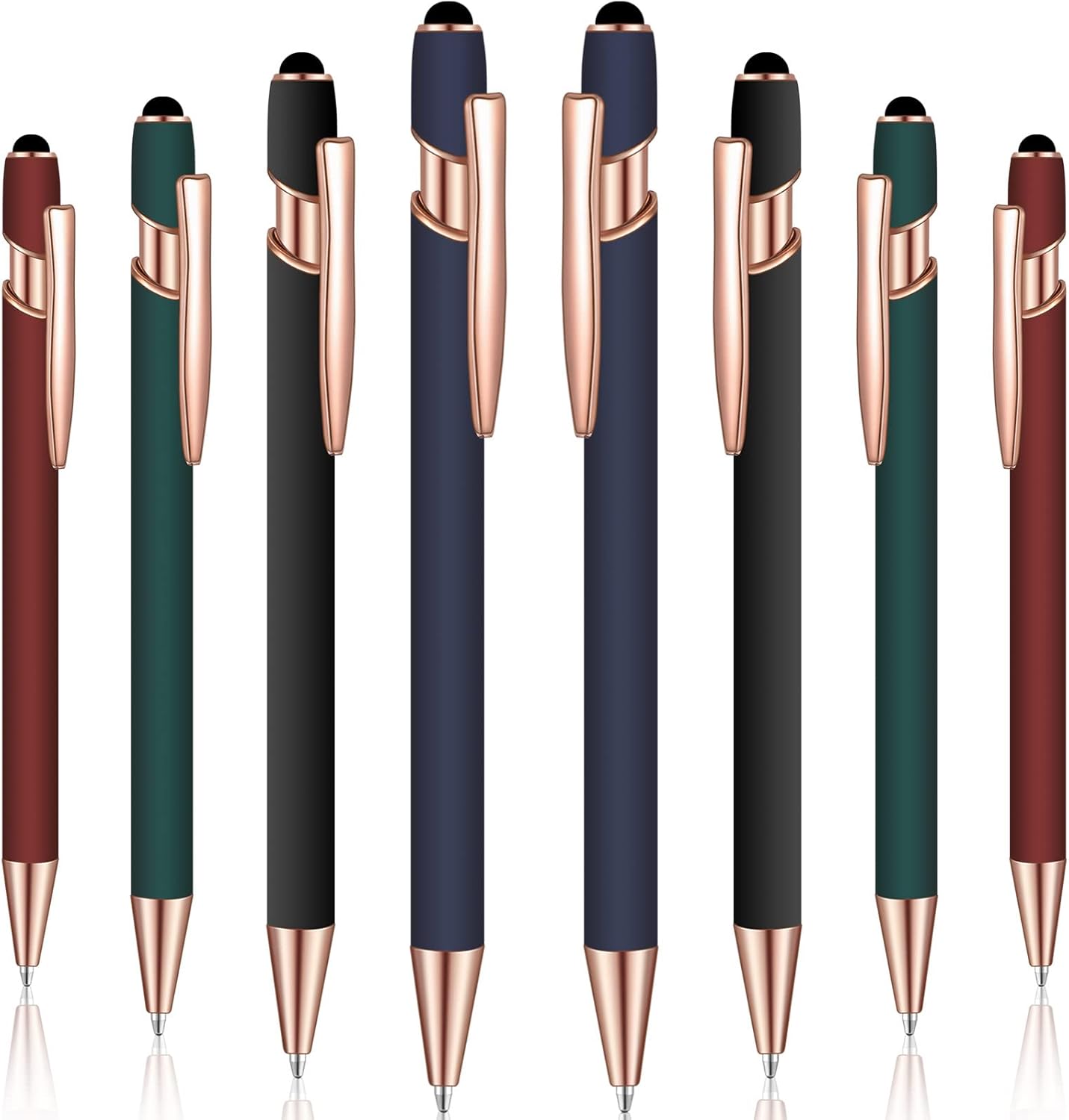 8 Pieces Ballpoint Pen with Stylus Tip Black Ink 2 in 1 Stylus Metal 1.0 mm Medium Point Smooth Pen Rainbow Colorful Rubberized Ballpoint for Touch Screen Tablet(Red, Green, Navy, Black)