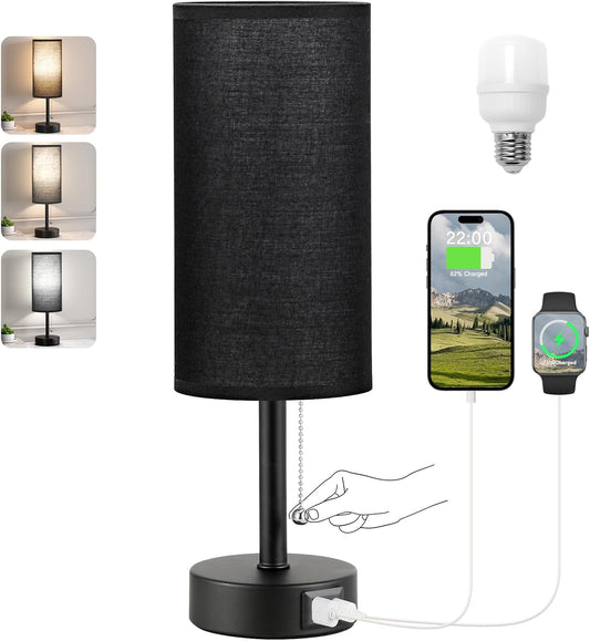 Black Bedside Lamp for Bedroom Nightstand - Small Table Lamp with USB A + C Charging Port, 3 Color Temperatures Pull Chain Night Stand Light with Bulb， Side Table Desk Reading Lamp for Living Room