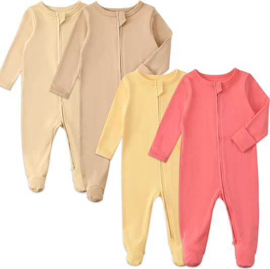 Aablexema Baby Footed Pajamas with Mitten Cuffs Zipper 4-Pack Infant Newborn Cotton Long Sleeve Outfit