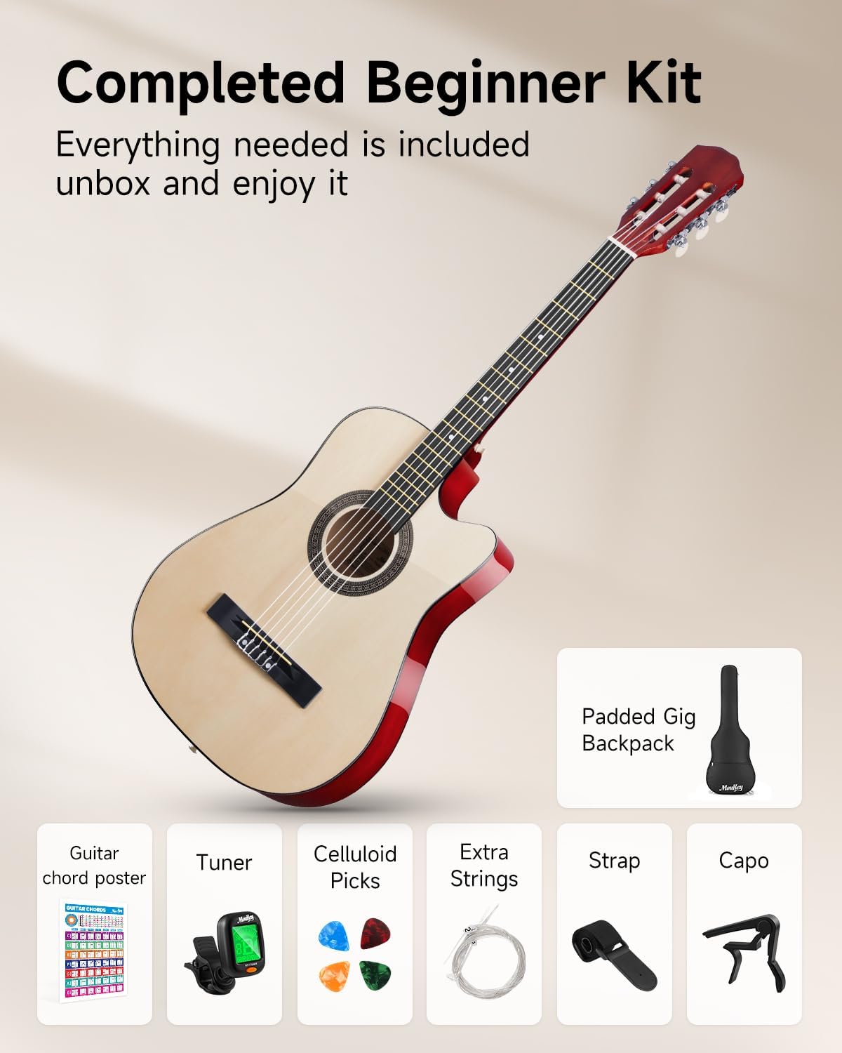 Moukey 38" Acoustic Guitar for Beginners Kids Youth Adult Cutaway Guitarra Acustica Kit with Chord Poster, Gig Bag, Tuner, Picks, Nylon Strings, Capo, Strap - Natural