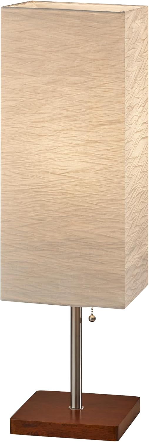 Adesso 26” Table Lamp with Walnut Wood Base, Brushed Steel Finish & Crinkle Paper Shade – Perfect Lighting for Bedroom, Living Room and Corner Decor, Beige
