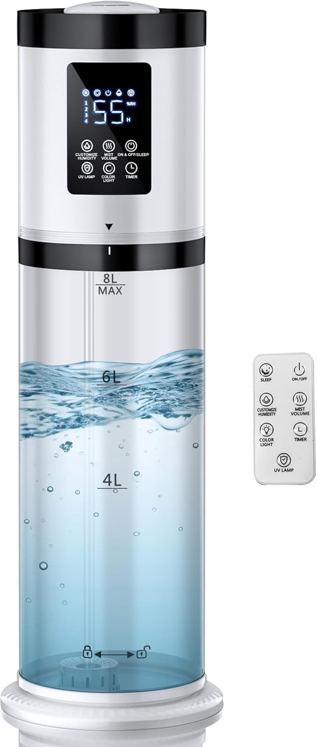 8L Humidifier for Large Room Bedroom with Transparent Water Tank, Last 48 Hours Suitable for Indoor Plant, Cover up to 500ft², Cool Mist Humidifier with 7-color Ambient Light, Top Fill, Quiet, Home