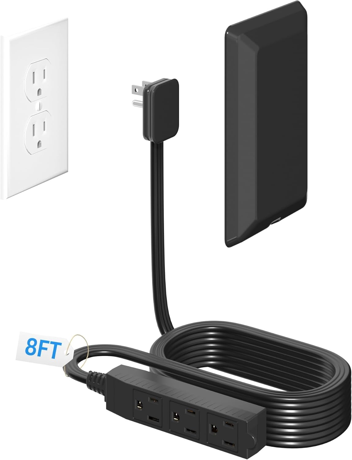 8FT Flat Plug Extension Cord with Cord Concealer Kit,3 Outlet Power Strip,Wall Extension Cord with Flat Plug for Baby Protection,Universal Size for Home,Bathroom with ETL Listed,Black
