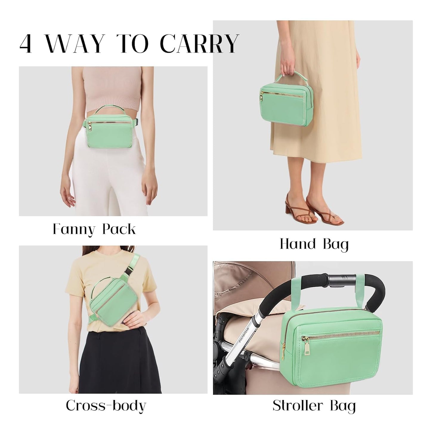 printe Small Diaper Bag with Portable Changing Pad, Crossbody Funny Bag Pack with Wipes Pocket, Women Waist Bag for Travel, Mint Green