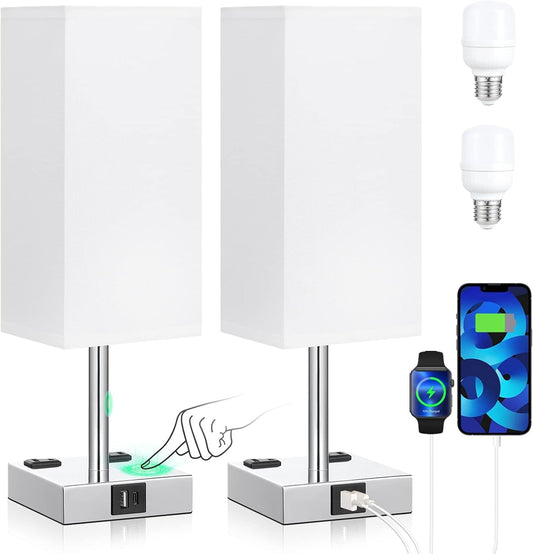 aooshine Set of 2 Touch Nightstand Lamp with USB-C+A Charge Ports& AC Outlets, 3-Way Dimmable Bedside Lamp with White Fabric Shade,Small Table Lamp for Bedroom Guest Room(Bulb Included)