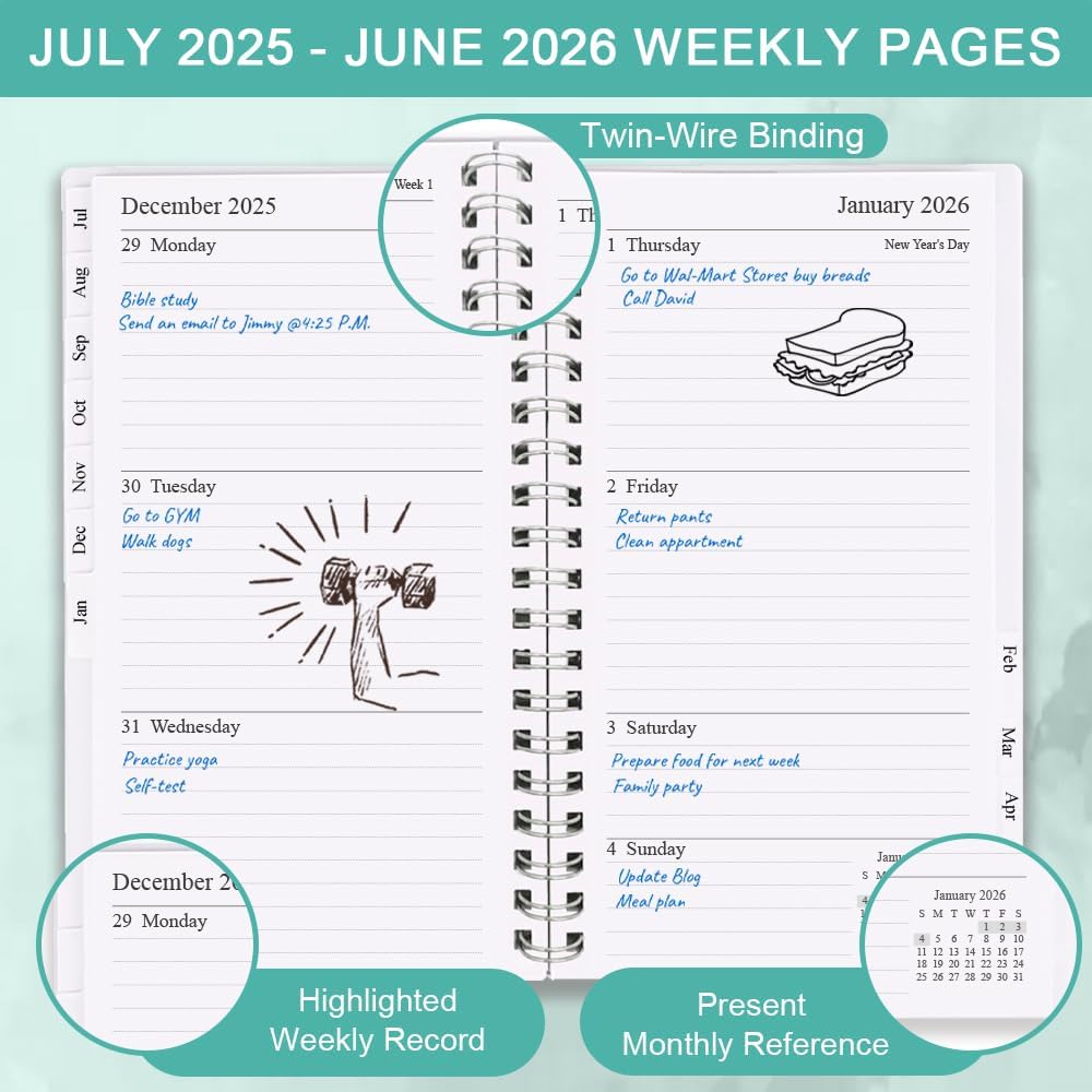 2025-2026 Pocket Planner, A6 Weekly Planner with Monthly Tabs, Run Jul 2025-Jun 2026, Elastic Closure, Twin-Wire Binding, Easy to Organize Your Daily Life, 3.75 x 6.75 In, Pocket Planners 2025 2026