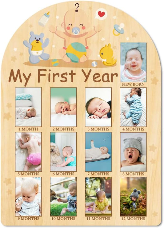 ORIGACH My First Year Baby Growth Photo Display Wood Board - 12 Months Newborn Milestones Photo Board - Neutral Baby Keepsake Frame 1st Birthday Party Nursery Decor New Mom Gift - Baby Bear & Duck