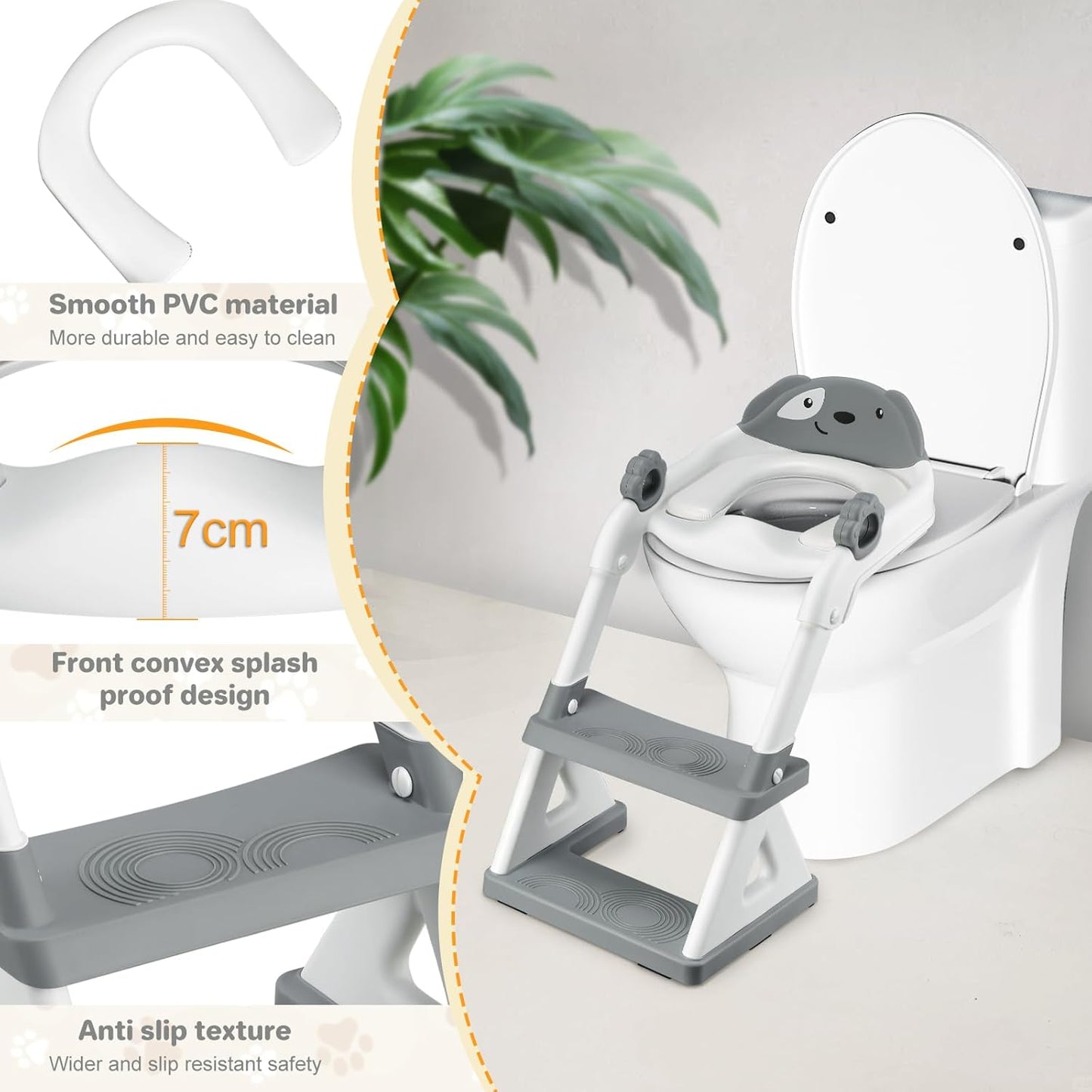 2 In 1 Potty Training Toilet Seat & Toddler Step Stool, Bottom Triangle Stability Toddler Toilet Seat, Adjustable Step & Seat Height Potty Seats (Grey)