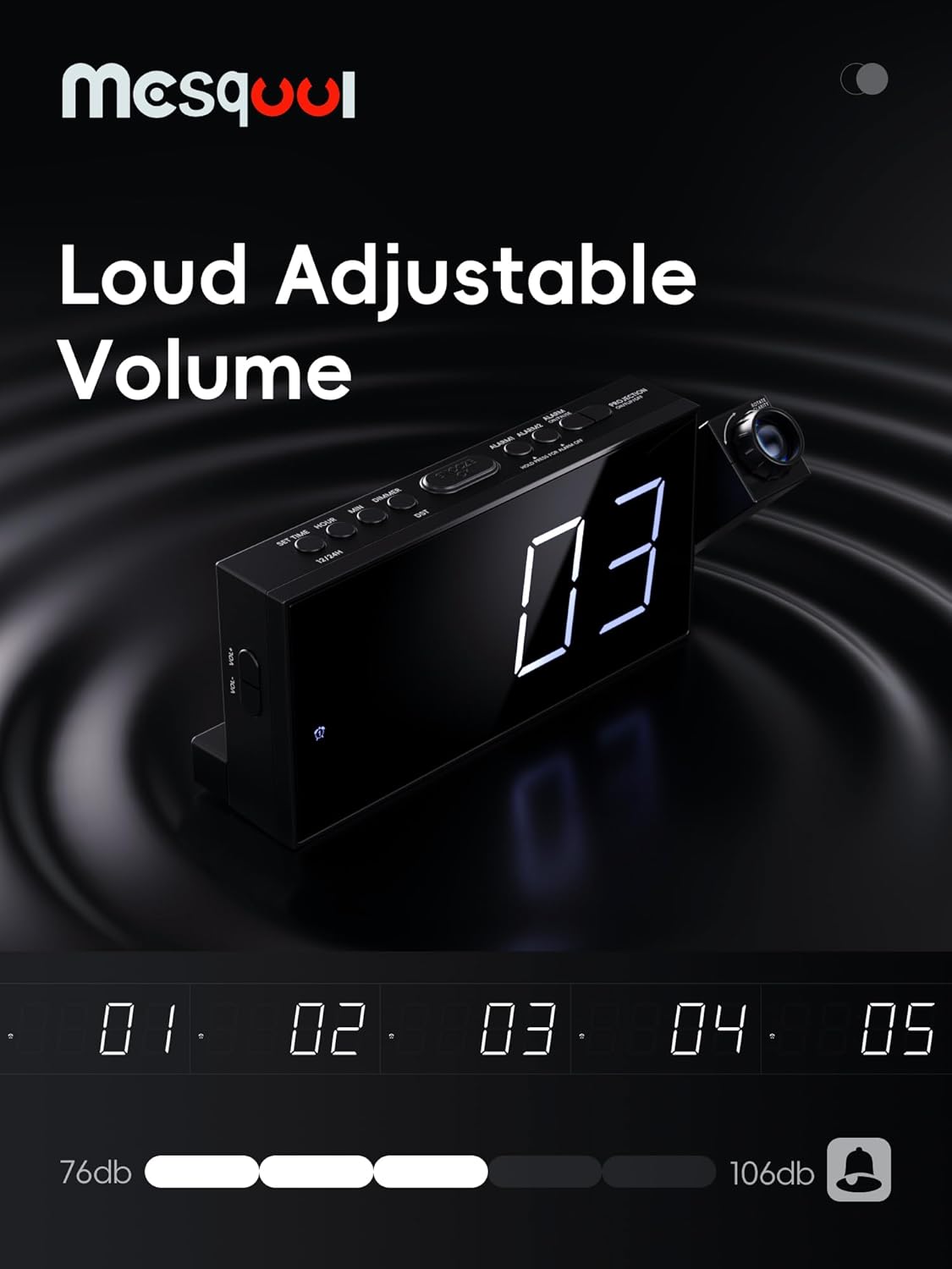 Projection Digital Alarm Clock with Bed Shaker for Bedroom, Extra Loud Alarm Clock for Heavy Sleeper, 180° Rotable Ceiling Projector Clock,2 Alarm,5 Dimmer Volume,USB Charger, Battery Backup,12/24H…