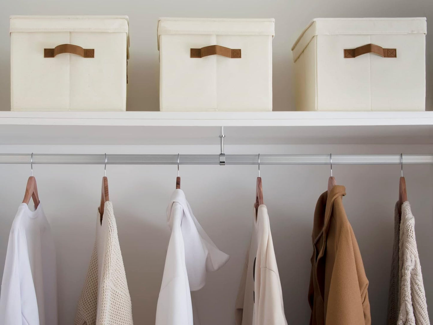 StorageWorks Storage Bins with Lids, Decorative Storage Boxes with Lid and PU Handles, Foldable Storage Baskets for Closet, Shelves, Stackable, Ivory, Jumbo, 3-Pack