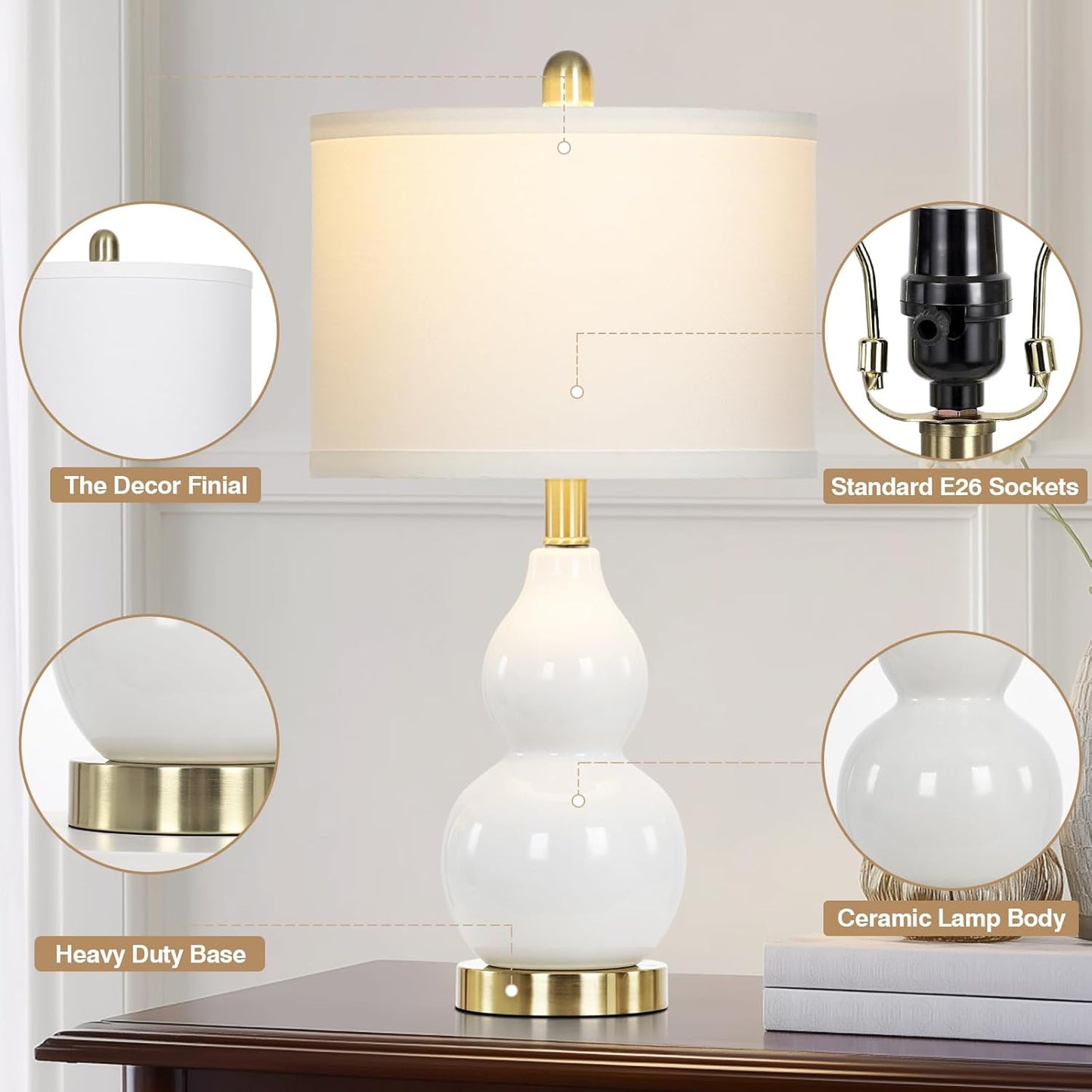 22" Modern Double Gourd Ceramic Table Lamps Set of 2, White Bedside Lamps for Living Room, Contemporary Nightstand Desk Lamps for Bedroom End Table Home Office Decor(2 LED Bulbs Included)