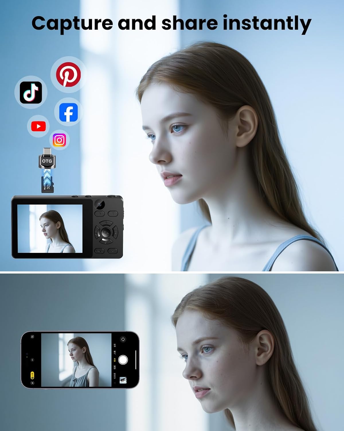 Digital Camera with Front Rear Lens, Autofocus 64MP 4K Camera for Photography with 32GB Card, Portable Compact Point and Shoot Camera for Teens Adult Beginner with Metal Shell, 2000mAh Battery