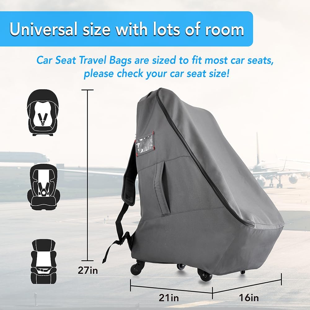 Car Seat Travel Bag with Wheels Heavy Duty Water-resistant Protective Cover for Airplane Travel & Rolling Design, Padded Handle,Padded Adjustable Strap (Grey)