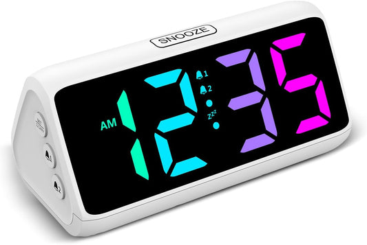 Netzu Loud Alarm Clock for Heavy Sleepers, RGB Alarm Clocks for Bedrooms Seniors Kids, Plug in Digital Clock with 5 Dimmers, 2 Alarms, 4 Volumes and Snooze (White)