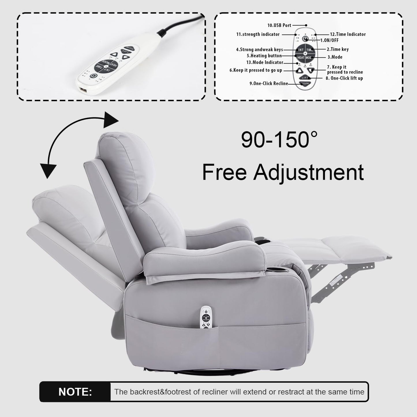 KCQ Electric Massage Swivel Rocker Recliner Chairs with Heat Cup Holders Overstuffed PU Leather Power Rocking Glider Chairs Reclining Lounge Chair for Adults, Grey