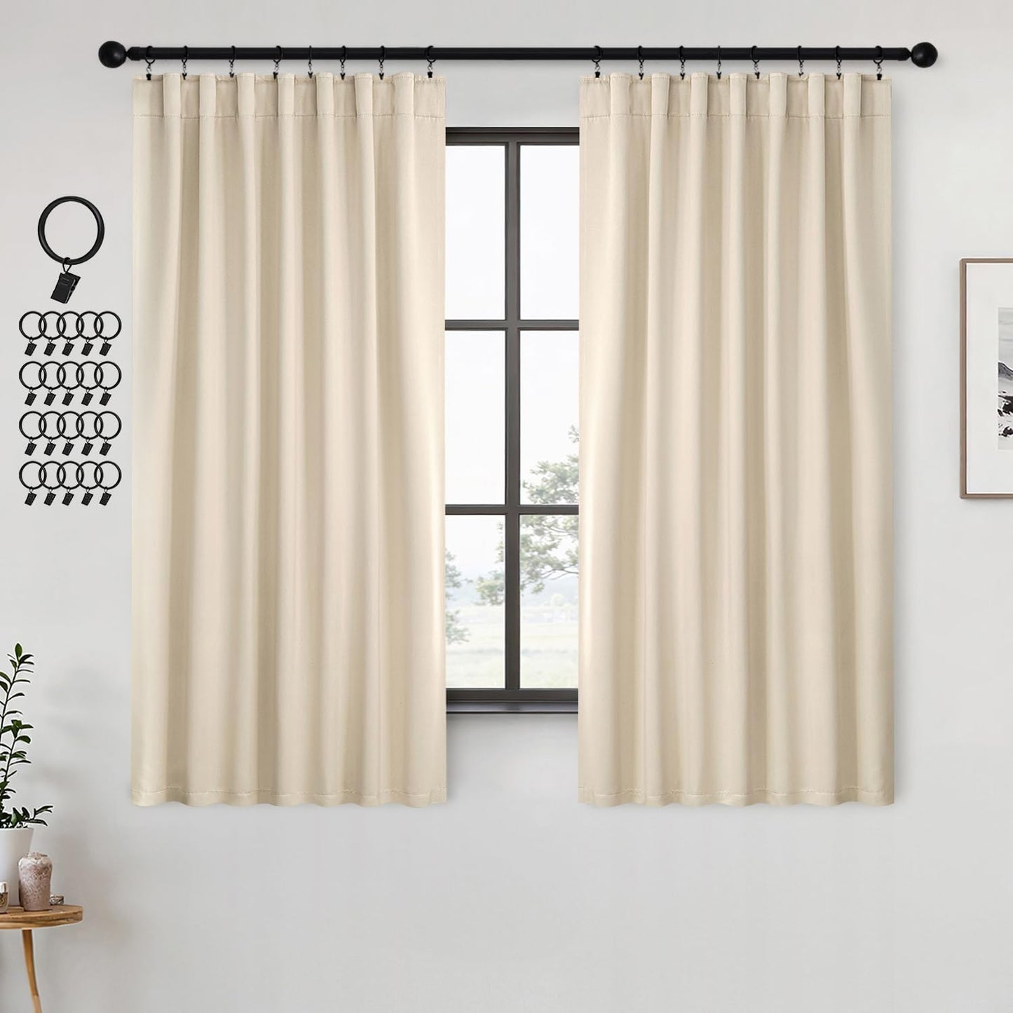 ANRODUO Back Tab Blackout Curtains for Bedroom Living Room, Rod Pocket Pinch Pleated Thermal Insulated Room Darkening Curtains 72 Inches Long 2 Panels, Cream Beige, 42 x 72 Inch