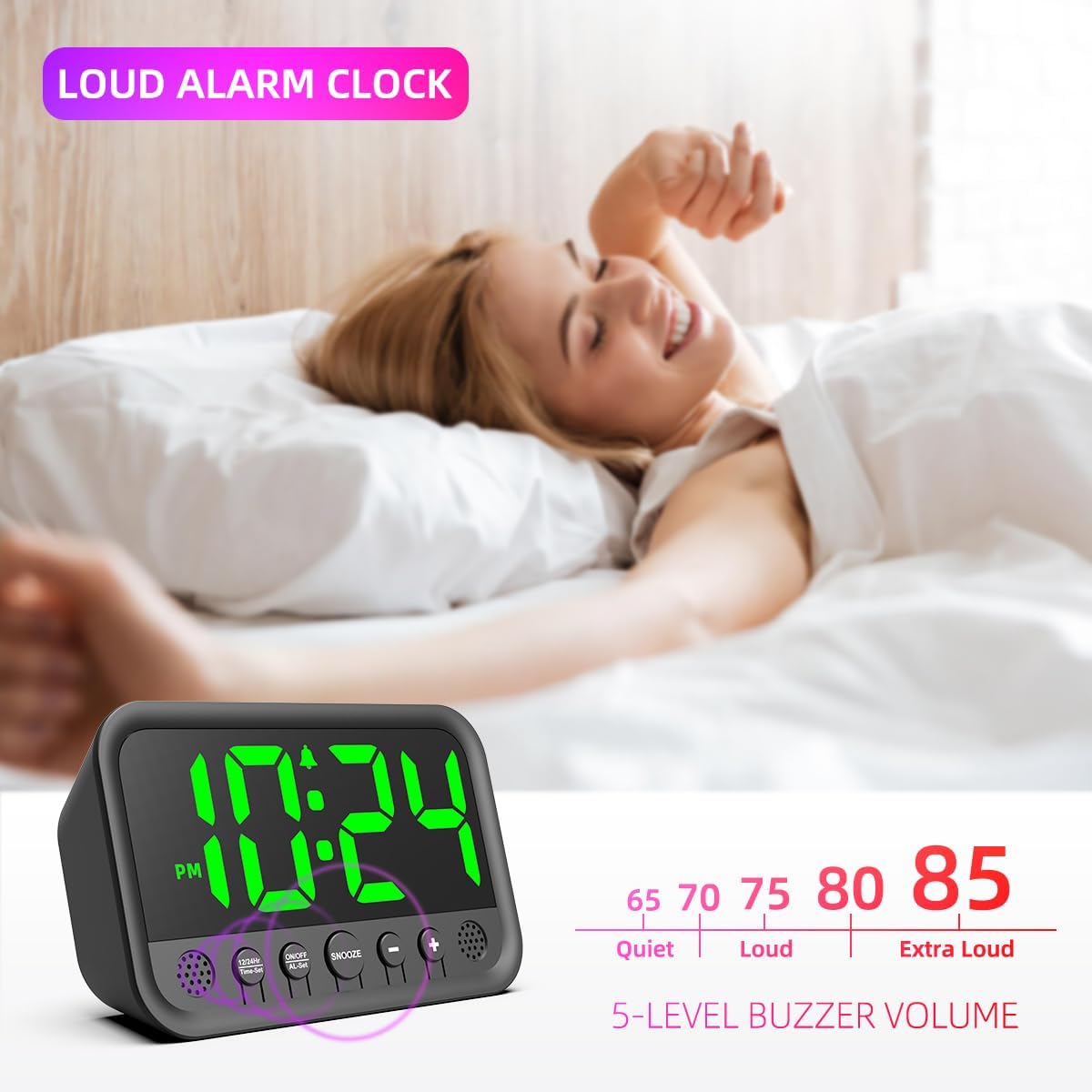 Small LED Digital Clock for Bedroom, Loud Alarm Clock for Heavy Sleepers Adults, Teens | Plug-In Electric Desk Clock | Simple Bedside Nightstand Clock with Adjustable Volume/Brightness/Snooze – Green