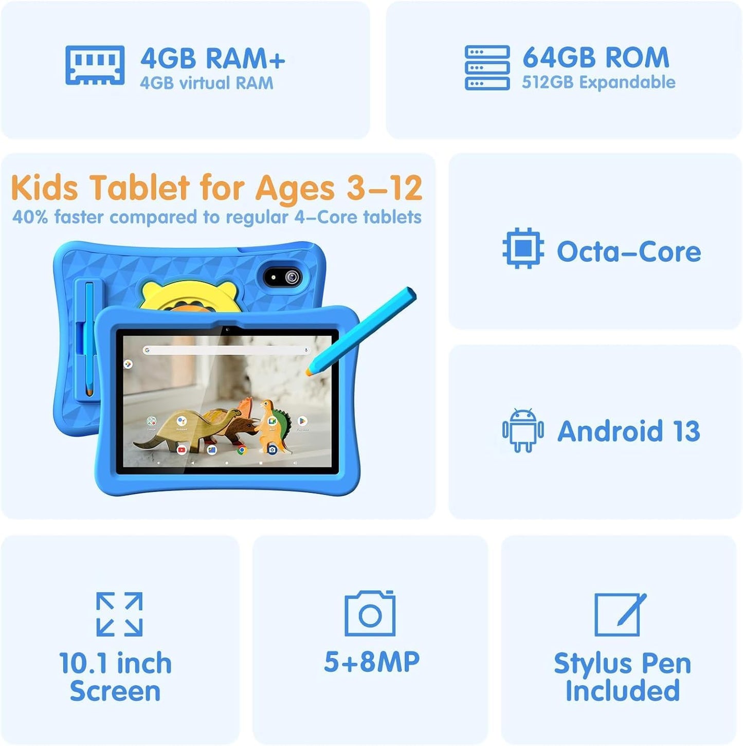 10.1 Inch Kids Tablet with Stylus & Case | Octa-Core 8GB RAM 64GB ROM | 7000mAh Android Tablet for Ages 3-12 | Parental Control, Pre-Installed Apps & GMS Certified