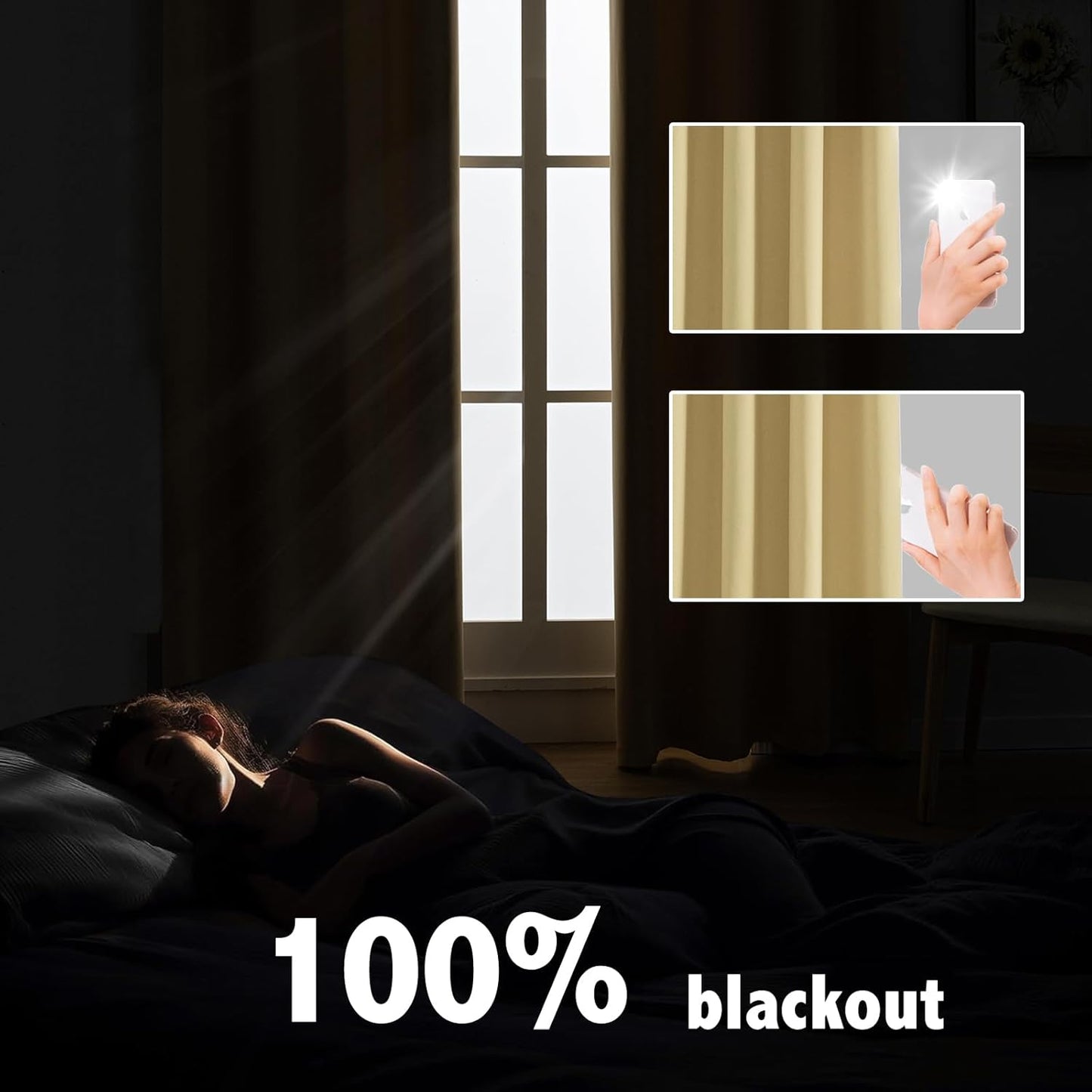 Anytime 100% Blackout Curtain Set, Thermal Insulated & Energy Efficiency Window Draperies for Guest Room, Full Shading Panels for Shift Worker and Light Sleepers（Beige, 2 Panels, 70W x 72L）