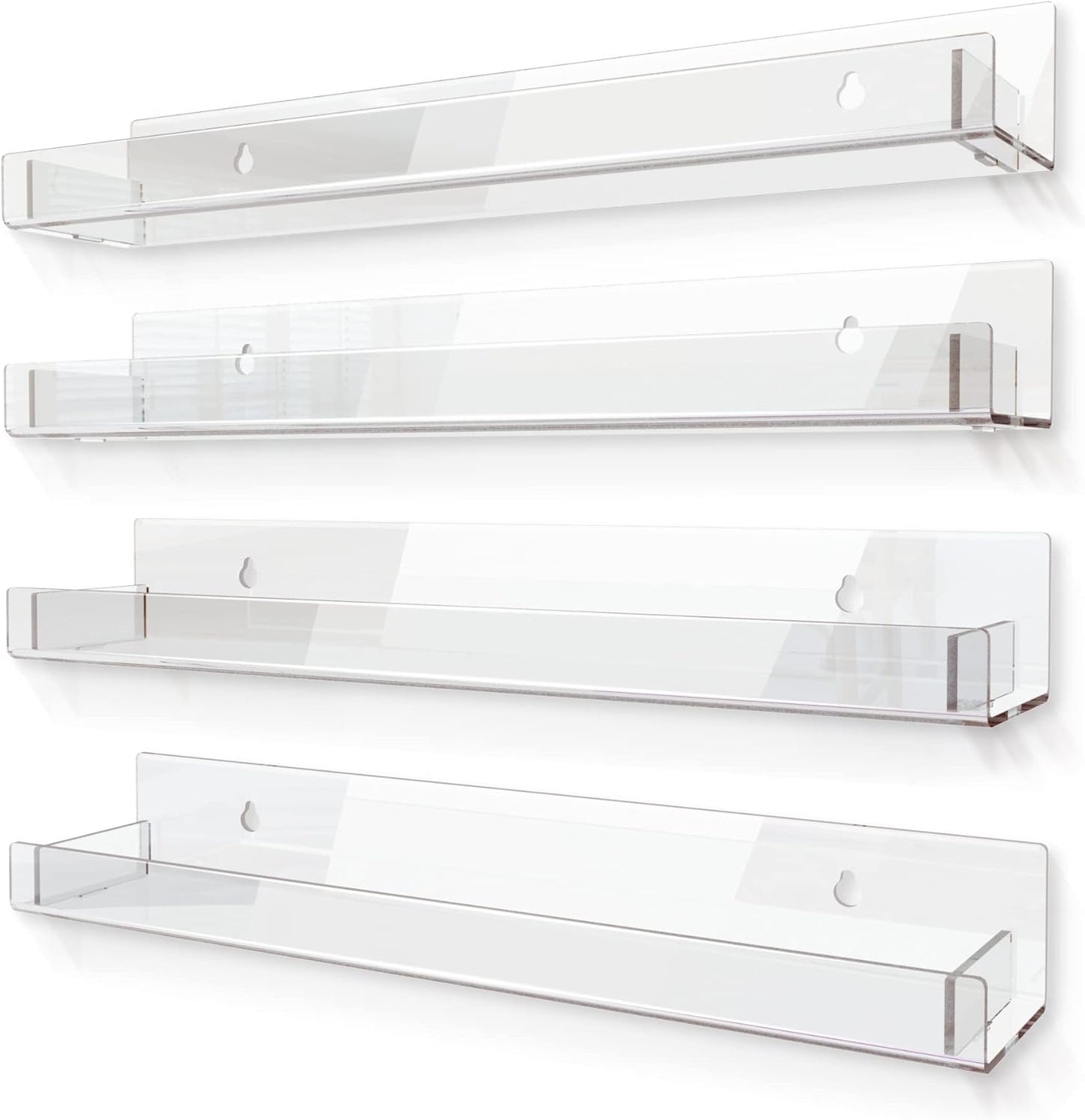 4 Pack 15 Inch Clear Acrylic Shelves, Clear Kids Floating Bookshelf for Kids Room, Modern Nail Polish Rack Sunglasses Essential Oil Picture Ledge Display Toy Storage Wall Shelf