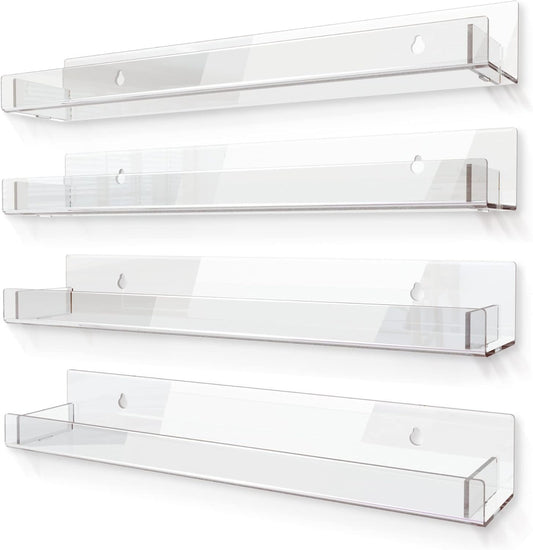 4 Pack 15 Inch Clear Acrylic Shelves, Clear Kids Floating Bookshelf for Kids Room, Modern Nail Polish Rack Sunglasses Essential Oil Picture Ledge Display Toy Storage Wall Shelf