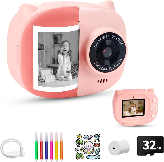 Instant Print Camera Toy for Kids, Girls Birthday Gifts for 3 4 5 6 7 8 Year Old Learning Music Story Player, 1080P HD Dual-Lens Creative Instant Camera (Pink)