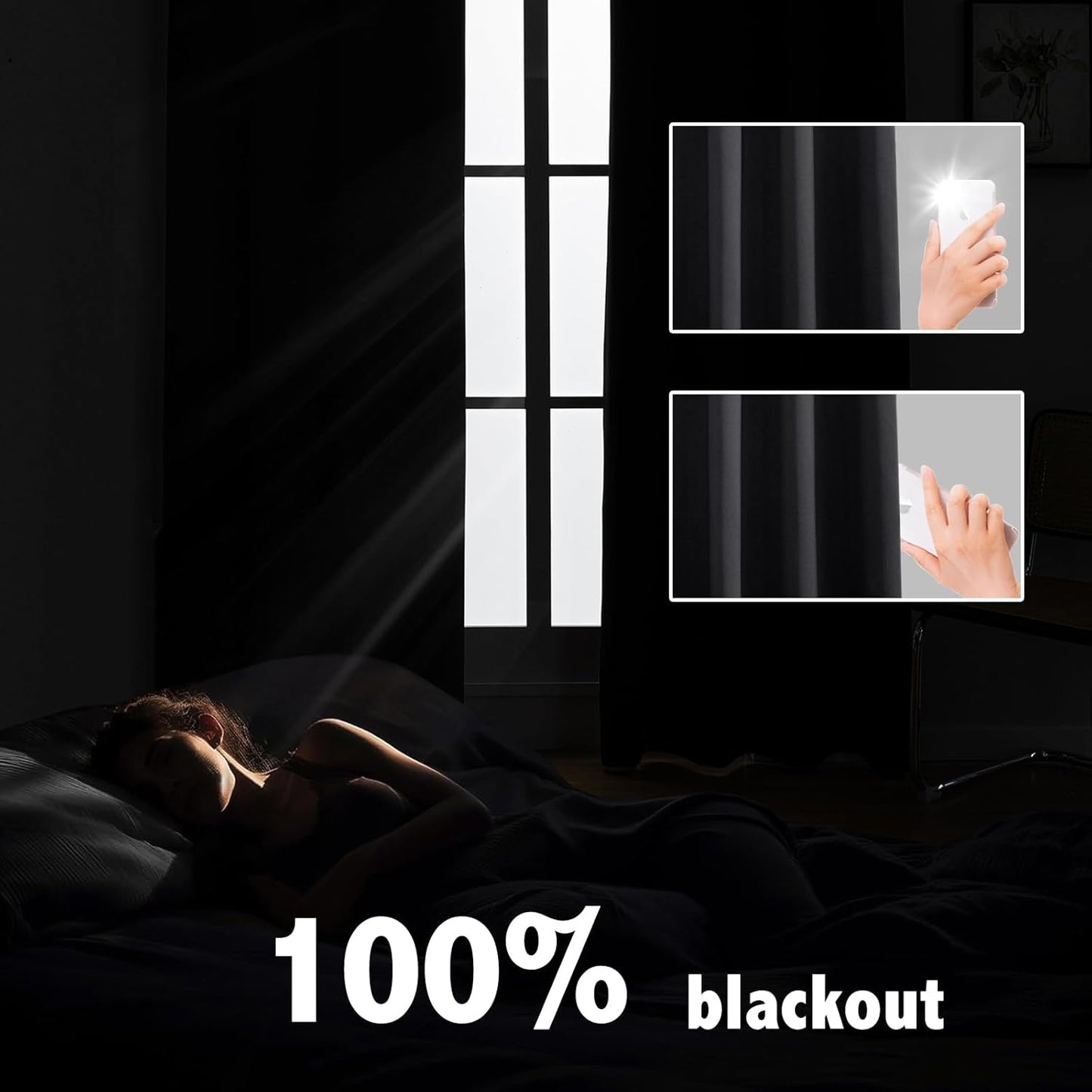 Anytime 100% Blackout Curtain Set, Thermal Insulated & Energy Efficiency Window Draperies for Guest Room, Full Shading Panels for Shift Worker and Light Sleepers（Black, 2 Panels, 70W x 108L）