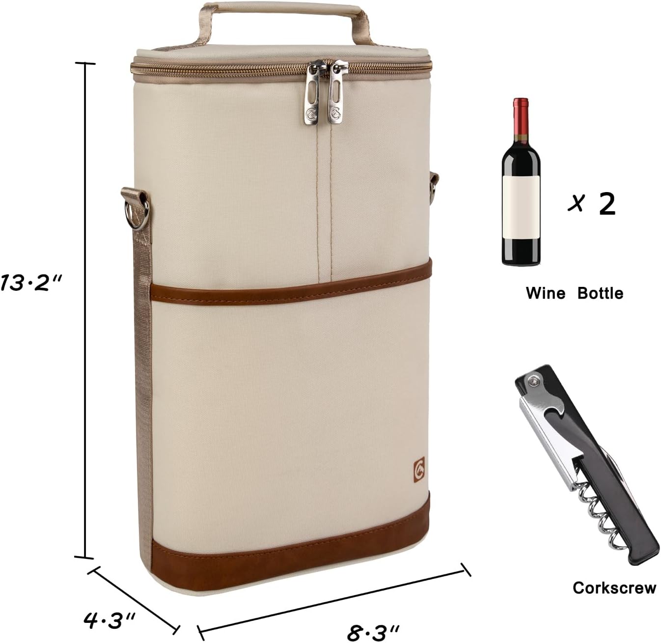 ALLCAMP 2 Bottle Wine Tote Carrier - Insulated Portable Padded Canvas Wine Bag for Travel, BYOB Restaurant, Wine Tasting, Party, Great Christmas Day Gift for Wine Lover，Cream-colored