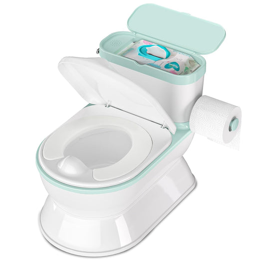 2-in-1 Toddler Potty Training Toilet - Larger Potty Chair & Detachable Training Seat for Boys & Girls Ages 1-3 with Flushing Sound, Wipes Storage, Toilet Paper Holder - Cyan