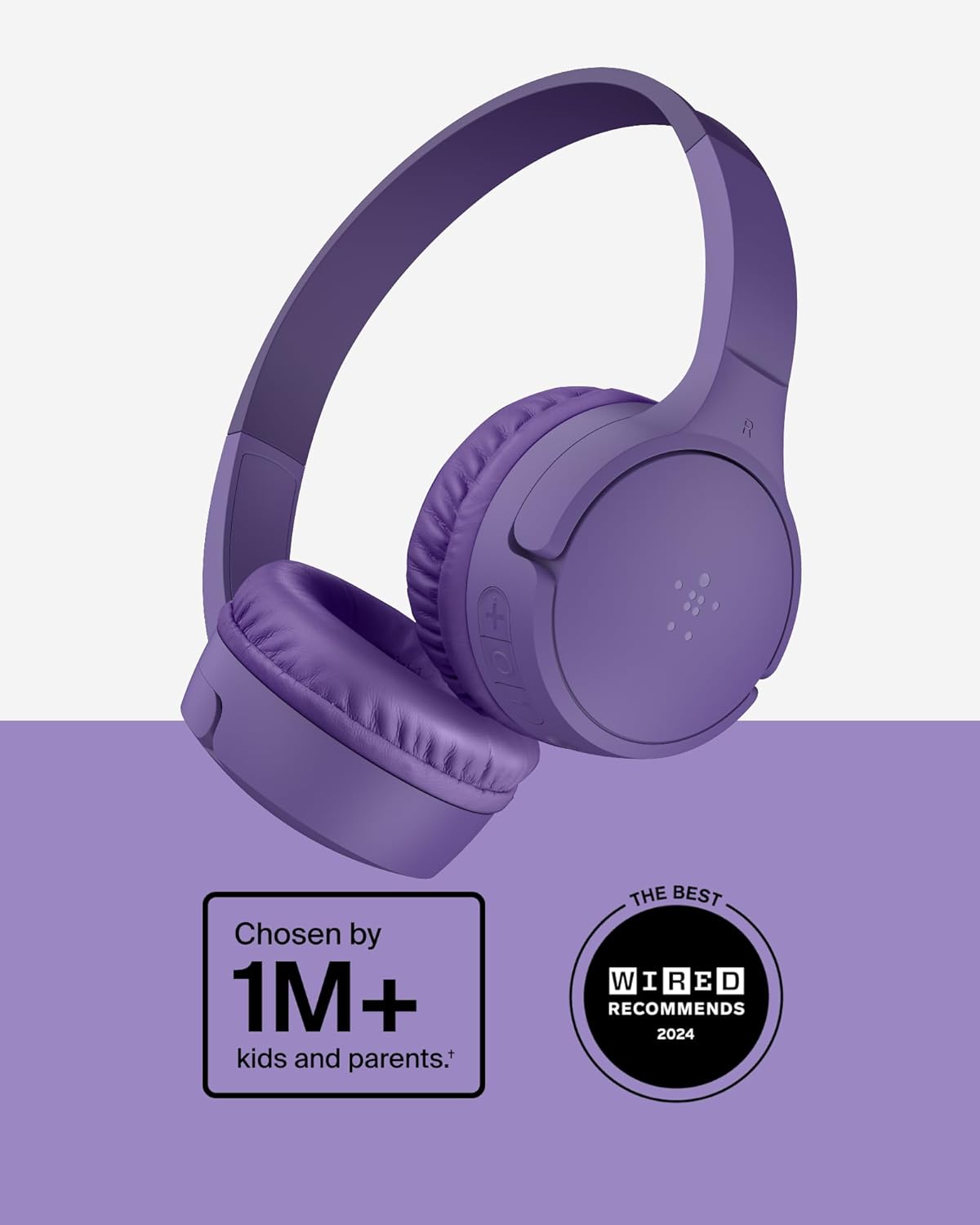 Belkin SoundForm Mini - Wireless Bluetooth Kids Headphones, 30H Battery, 85dB Safe Volume Limit, Built-in Microphone - Toddler On-Ear Earphones for iPhone, iPad, Fire Tablet, Ideal for School - Purple