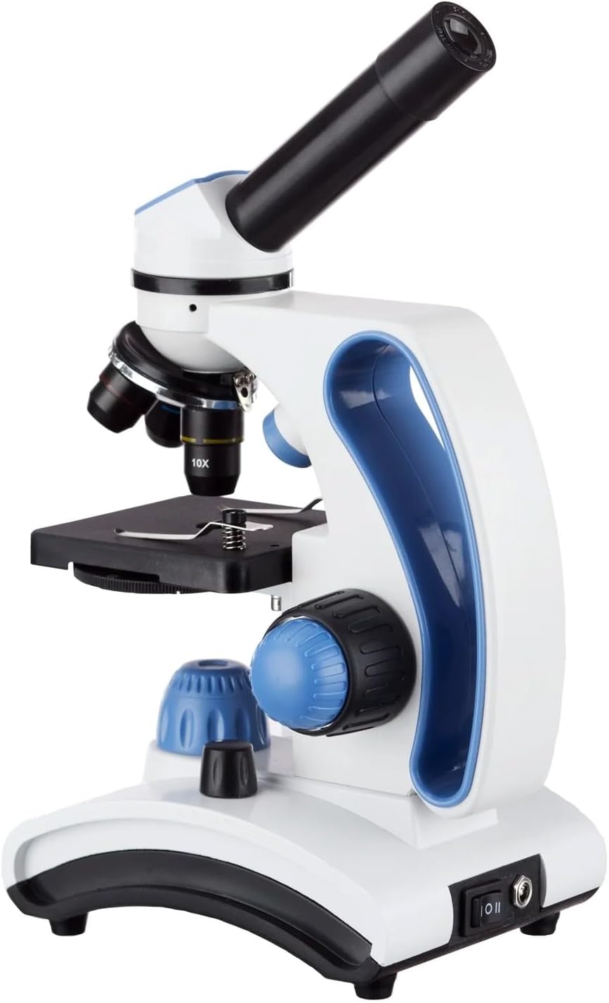 AmScope M162C-2L-PB10-WM"Awarded 2018 Best Students and Kids Microscope Kit" - 40X-1000X Dual Light All Metal Microscope with Slides and Microscope Book, Blue