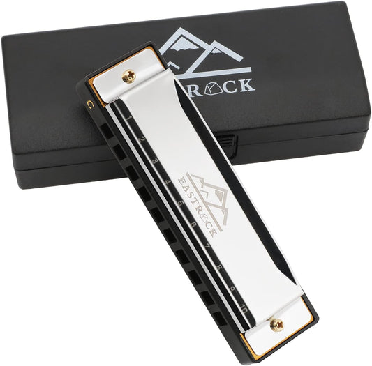EastRock Blues Harmonica Mouth Organ Harp 10 Hole C Key with Case, Diatonic Harmonica for Beginner, Professional Player, Students gifts, Adult, Friends, Gift Silver