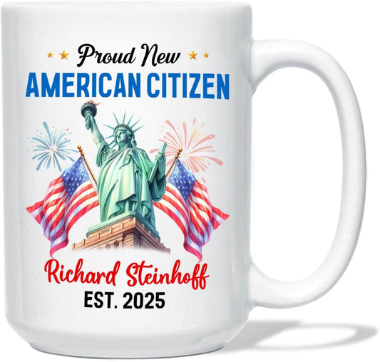 Proud New American Citizen Coffee Cup Gift For Daughter Son Dad Mom, Personalized Proud US Citizen White Coffee Mug With Year & Name, Customized Sunflower & USA Flag Mug, America Welcome Ceramic Cup