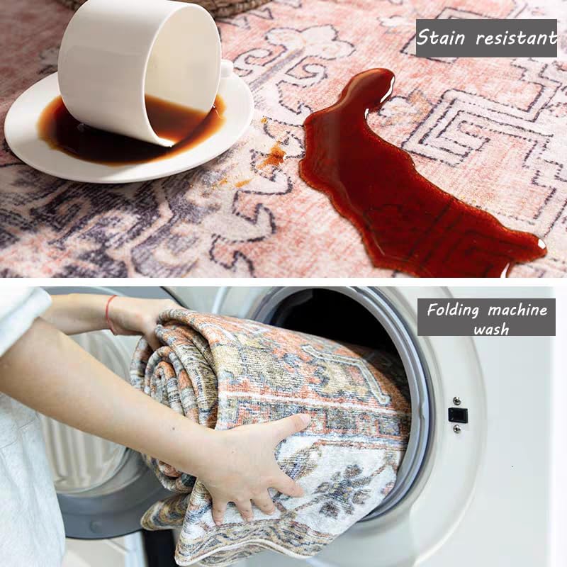 Area Rug 4x6 Washable Vintage Cover Foldable Thin Retro Accent Indoor Distressed Non Slip Carpet Floral Print Mat Bedroom Living Room Bathroom