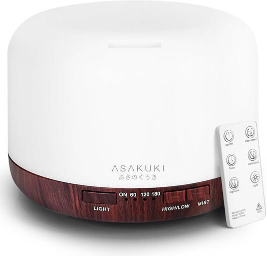 ASAKUKI Essential Oil Diffuser for Home, 500ml Aromatherapy Fragrant Oil Humidifier Vaporizer, 7-Color Light and Auto-Off Safety Switch Reddish-Brown
