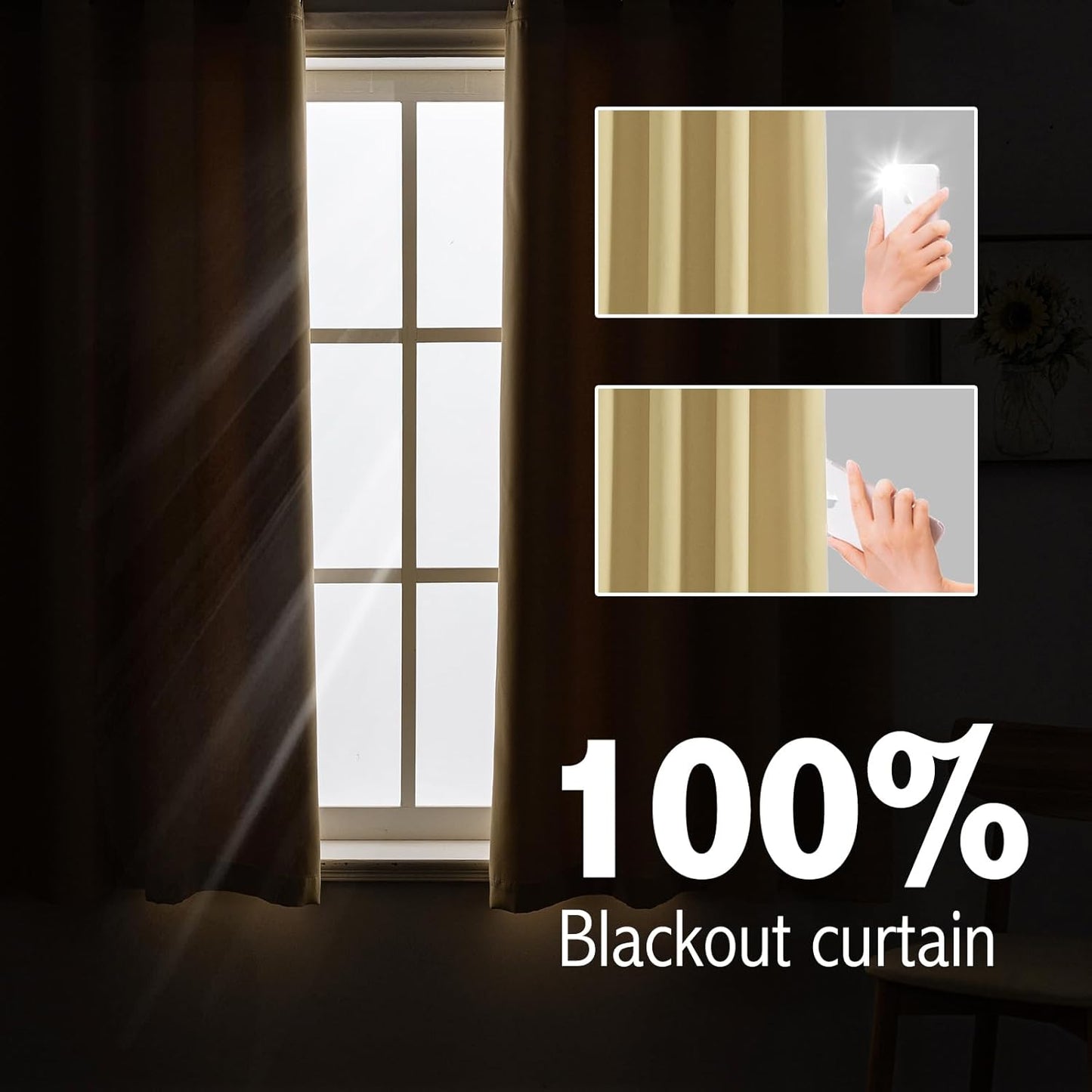 Anytime 100% Blackout Curtain Set, Thermal Insulated & Energy Efficiency Window Draperies for Guest Room, Full Shading Panels for Shift Worker and Light Sleepers（Beige, 2 Panels, 42W x 63L）