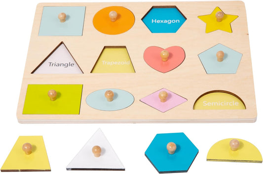 Adena Montessori Wooden Shape Peg 12 Piece of Colorful Shape Cognition Knob Puzzles Baby & Toddler Development Toy