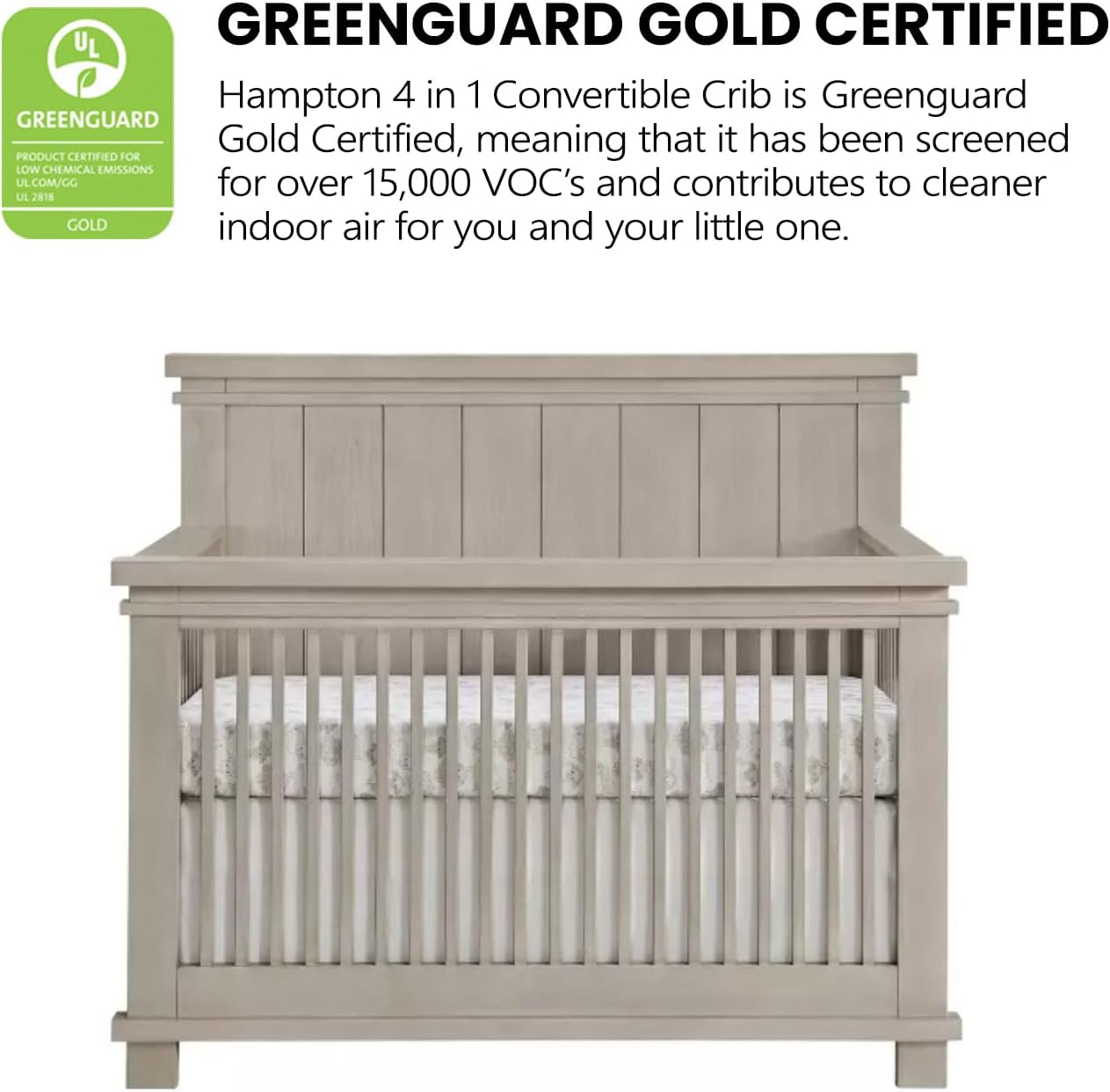 Soho Baby Hampton Premium 4-in-1 Convertible Crib, Flat-Top Headboard, Smooth Stone Wash, GreenGuard Gold Certified