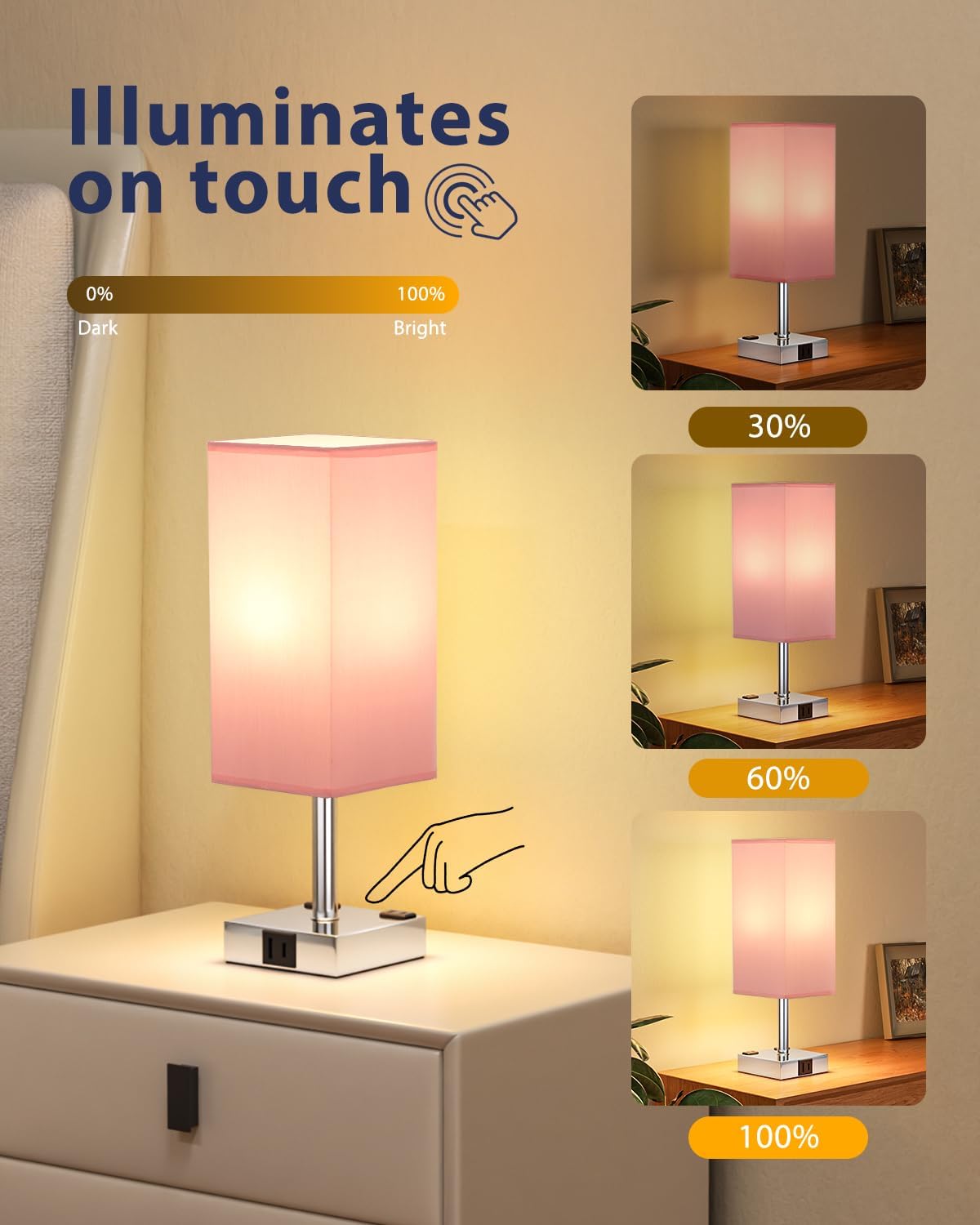 Touch Bedside Table Lamp for Nightstand - 3-Way Dimmable Night Lamp with USB A + Type C Charging Ports and Two AC Outlets, Small Desk Light with E26 LED Bulb for Bedroom Living Room Dorm Office, Pink