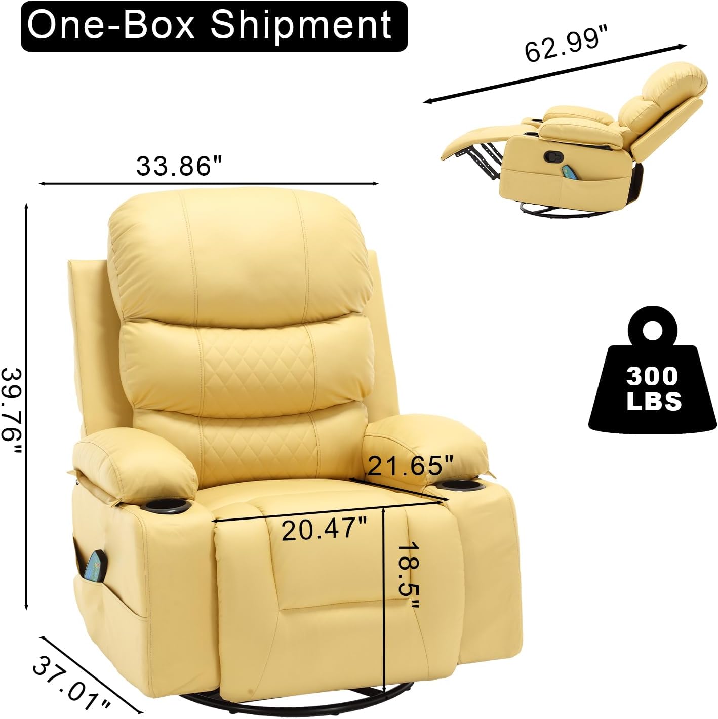 KCQ Massage Swivel Rocker Recliner Chairs with Heat Cup Holders Faux Leather Overstuffed Manual Reclining Chair Rocking Glider Chair for Adults, Yellow