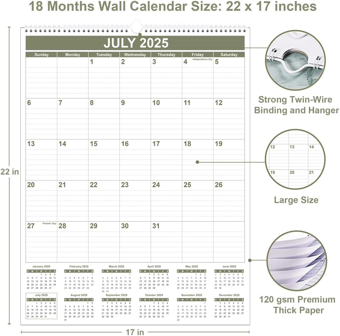 Large Calendar 2025-2026 with Spiral Bound - 18 Month Big Calendar from July 2025 to December 2026, Vertical Large Monthly Calendario 2025-2026 for Wall, 22" x 17", Cyan