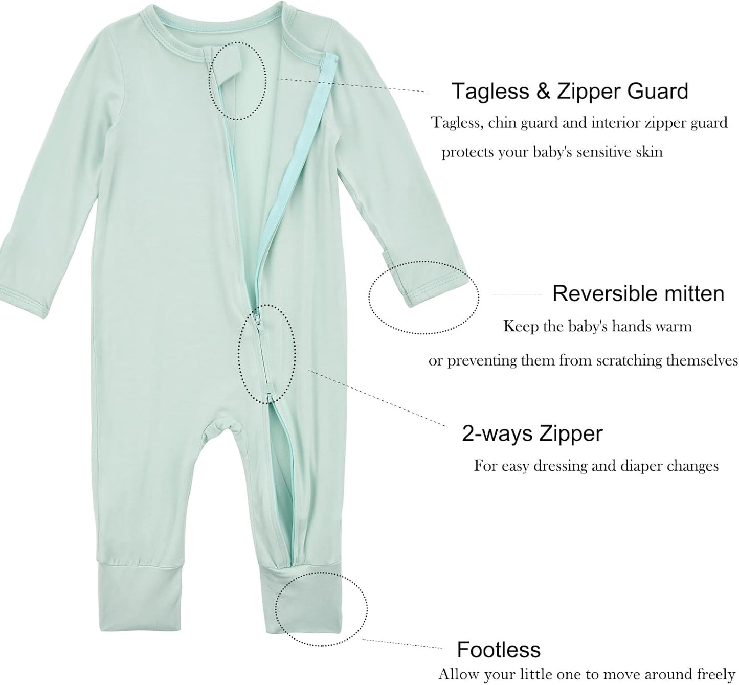 Aablexema Baby Footless Pajamas Zipper with Mitten, Rayon from Bamboo, Infant Long Sleeve Romper Pjs