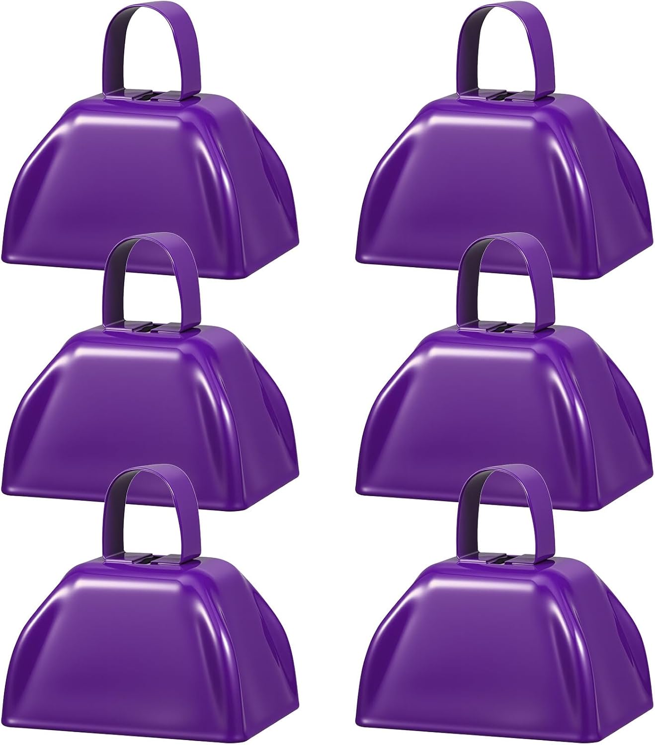 6 Pcs 3 Inch Metal Cowbells Noise Maker Hand Percussion Cow Bells with Handles for Sporting Events Cheering Noisemakers Weddings Team Spirit Sports Party Favors (Purple)